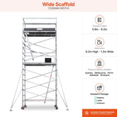 5.9m - 6.2m Wide Aluminium Mobile Scaffold Base Tower with 4 Outriggers & Kickboards